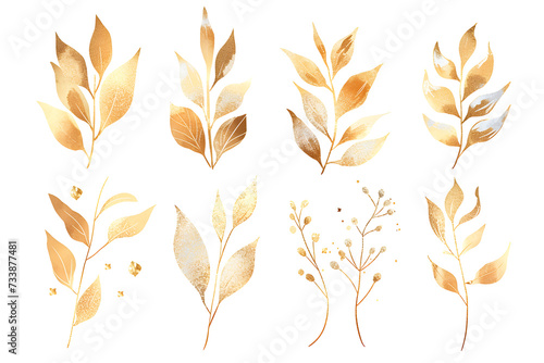 Watercolor design elements collection of golden glitter leaves, branches