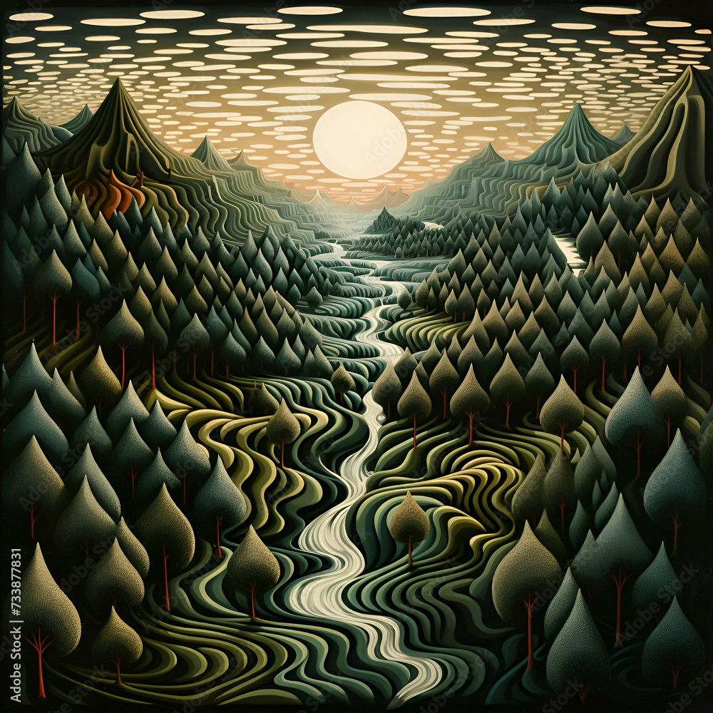 Obraz premium Mountain landscape with forest and lake at sunset. illustration.