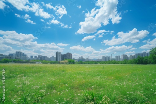 An open field with city sky.