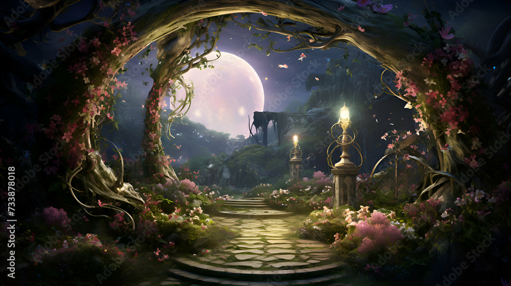 Mystical fantasy scene with a full moon. a path and a full moon