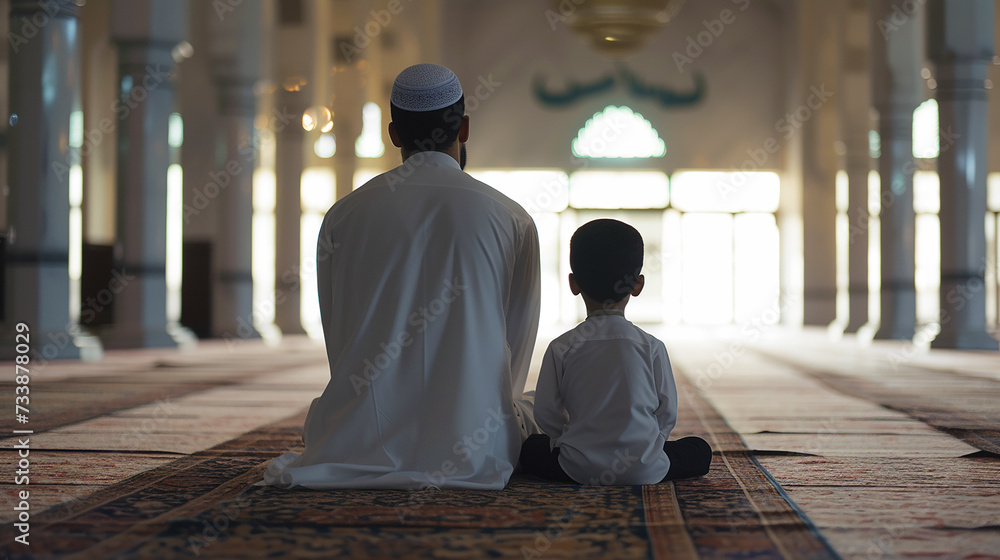 Back View of a muslim father and son praying in mosque, islamic concept, ramadan praying