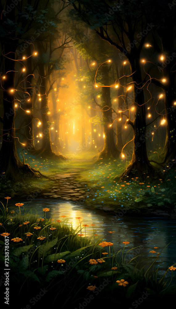Fantasy forest with light bulbs at night. 3D illustration.