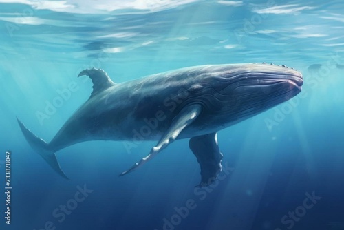 a majestic blue whale gliding in the sea. Generative AI © Maxim