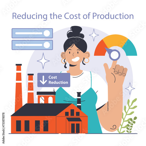 Reducing the cost of production. Automatization and effective optimization of manufacturing expense. Balance of costs and income. Flat vector illustration
