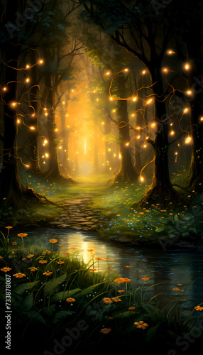 Fantasy forest with light bulbs at night. 3D illustration.