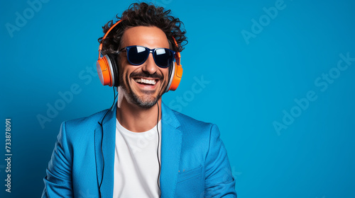  Musik hörender Mann mit Kopfhörern und positiver Ausstrahlung vor farbigem Hintergrund in 16:9 