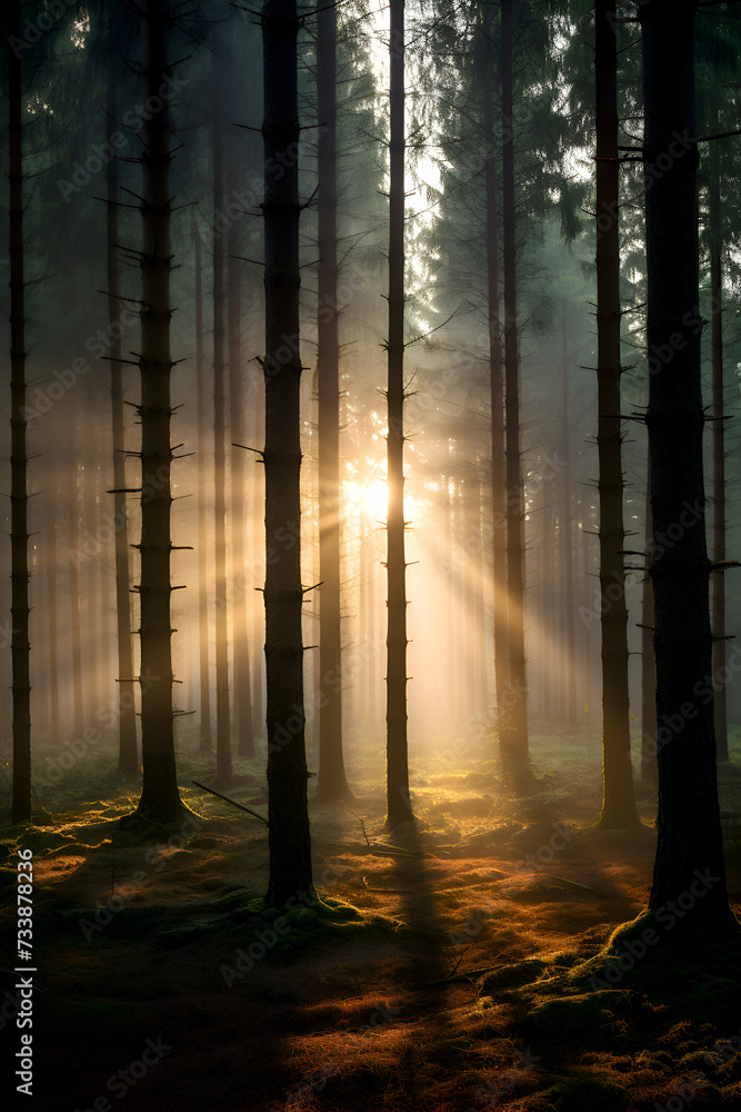 Foggy morning in the pine forest. Sun rays through the trees