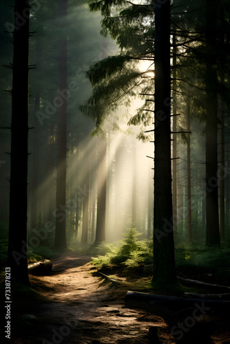 Sunbeams through the trees in the forest. Beautiful nature scene