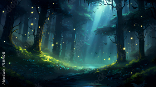 Mystical dark forest with glowing lights and fog © Wazir Design