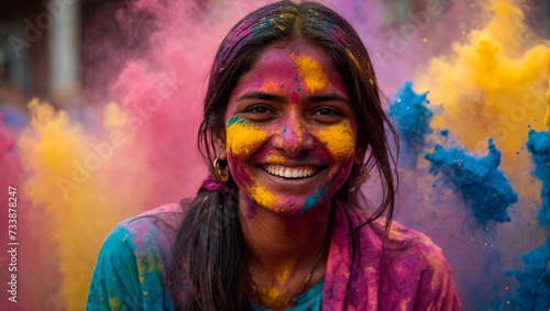 Portrait of traditional Happy Young Indian woman with colorful Holy powder smiling surrounded by paint particles.
