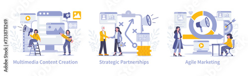 Strategic approaches in marketing set. Showcasing multimedia content creation, fostering strategic partnerships, and agile marketing methods. Vector illustration.