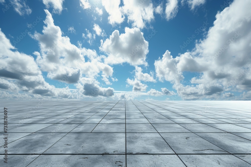 An empty square with a concrete floor and sky background.