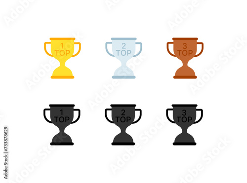 Cups gold, silver and bronze icons. Flat, color, top 1, 2, 3 cups, gold, silver, bronze cups. Vector icons