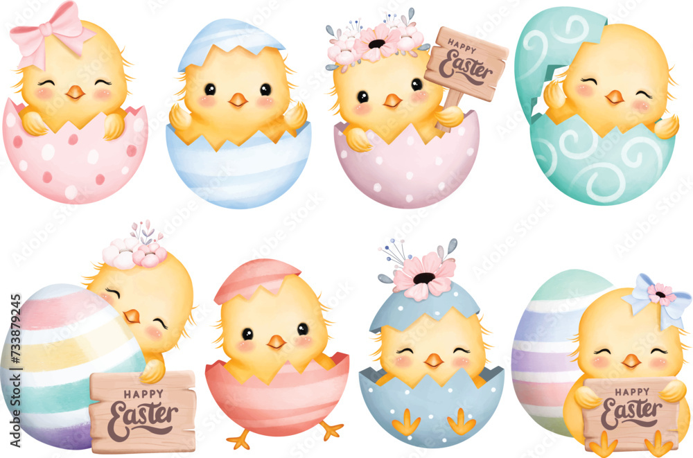 Watercolor Illustration set of Easter Eggs and Chicks with Happy Easter Sign Watercolor Illustration set of Easter Eggs and Chicks with Happy Easter Sign