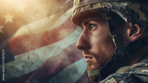 Photo of soldier with the USA flag on background. Special force United States soldier  photo