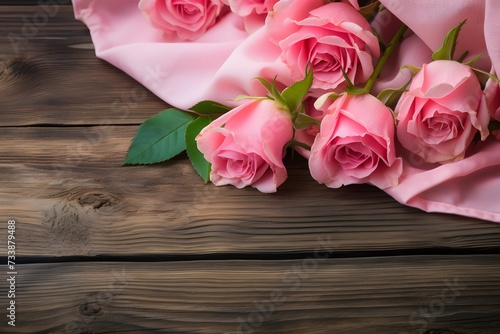 Pink roses and pink napkin on a wooden background.