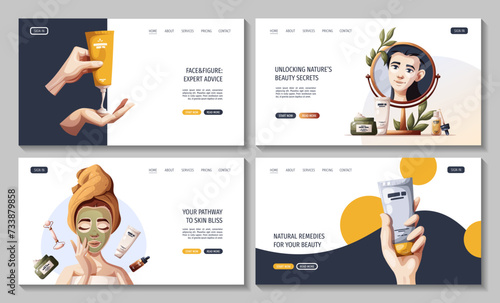 Set of web pages with woman, hands with creams, serum. Beauty, skin care, cosmetic, spa, shower concept. Vector illustration for banner, website, poster. © TatyanaYagudina
