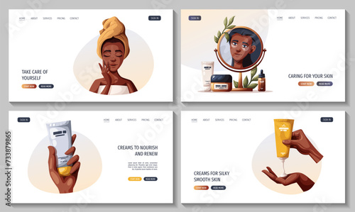Set of web pages with dark skin woman, hands with creams, serum. Beauty, skin care, cosmetic, spa, shower concept. Vector illustration for banner, website, poster.