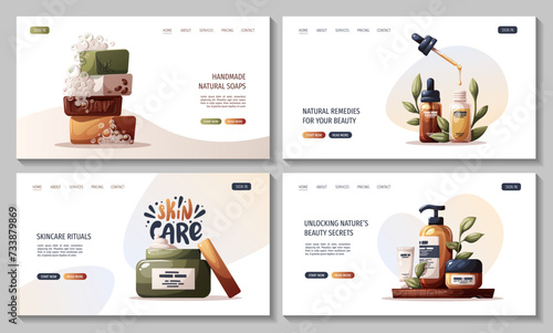 Set of web pages with beauty products, cosmetics, soap. Beauty, skin care, body care, cleansing concept. Vector illustration for banner, poster, website.