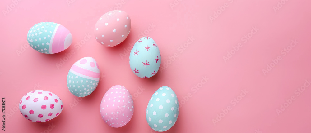 Easter eggs arranged on various surfaces,surrounded by colorful decorations and flowers, evoking the joy and tradition of the spring holiday season