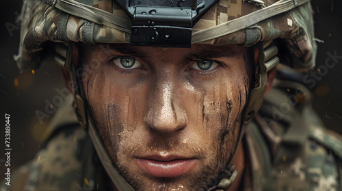 Dramatic close up facial portrait of soldier in helmet. Portrait of a man at war © Oksana