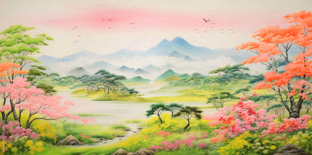 Paintings of mountains, rivers, cherry blossoms, and castles in the countryside. local way of life, rural scenery