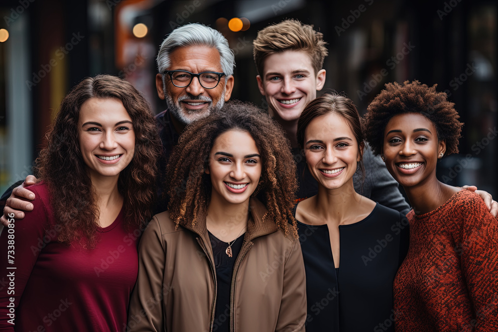 Fototapeta premium Vibrant depiction of diverse group of individuals standing alongside each other, basking in a harmonious and inspiring display of unity.