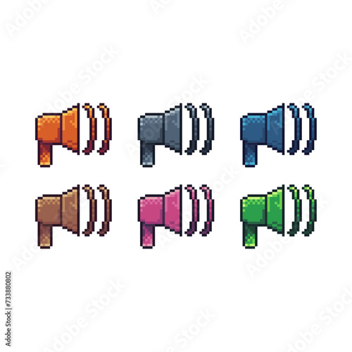 Pixel art sets icon of loadspeaker in variation color.Speaker icon on pixelated style. 8bits perfect for game asset or design asset element for your game design. Simple pixel art icon asset.