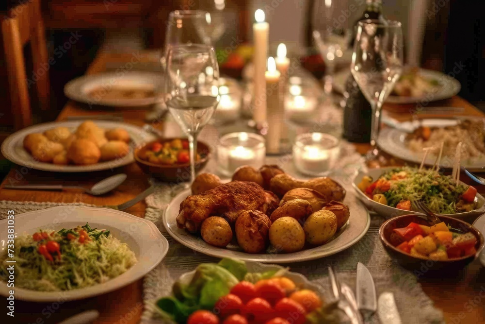 Home dinner table with set of various food from baked new potatoes with chicken thighs, vegetables and salads top view, tasty and healthy food Home dinner table with set of various food from baked new potatoes with chicken thighs, vegetables and salads top view, tasty and healthy food