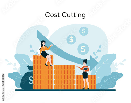Cost Cutting strategy. Proactive expense management for organizational savings and profitability. Methods to reduce financial waste. Flat vector illustration