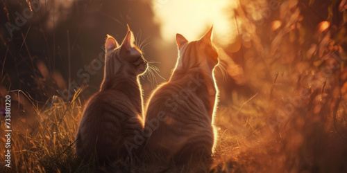 two cats are sitting in the grass looking at the sun, generative AI