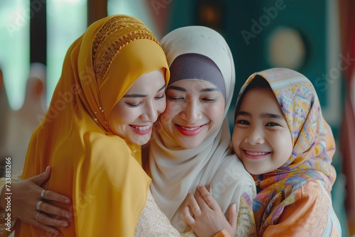 muslim family back home and hugging shake hand when eid mubarak or hari raya