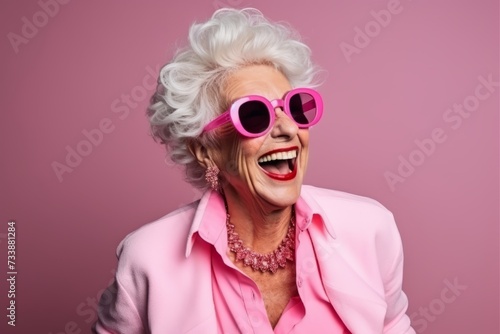 Portrait of a happy senior woman in pink glasses over pink background © Iigo