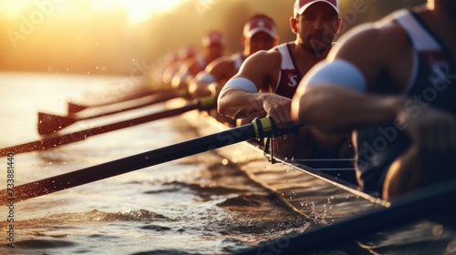 Rowing crew in a racing boat with oars in the morning. Generative ai