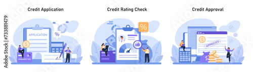Credit Score Journey Set. Navigating the credit landscape from application, through credit rating checks, to the joy of credit approval. Flat vector illustration photo
