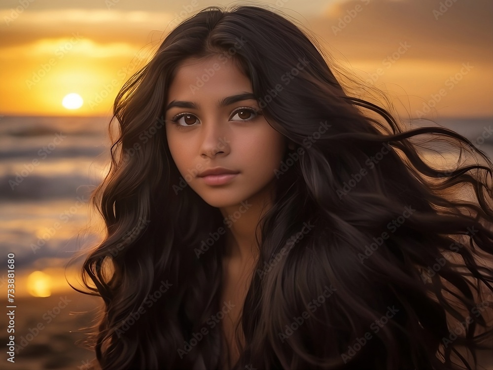 A stunning portrait of colombian girl, her long, dark hair cascading down her back in soft waves. A stunning portrait of colombian girl, her long, dark hair cascading down her back in soft waves.