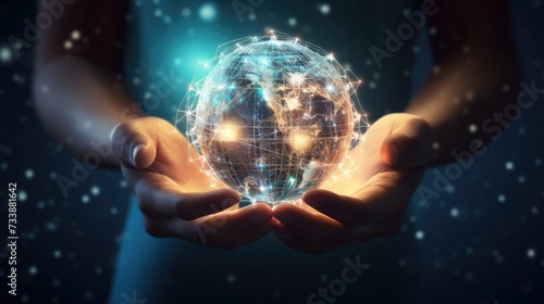 Human hands present the illuminated Earth globe projection. Generative ai