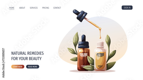 Web page design with bottles of serum. Beauty, skin care, cosmetics concept. Vector illustration for banner, website, poster.