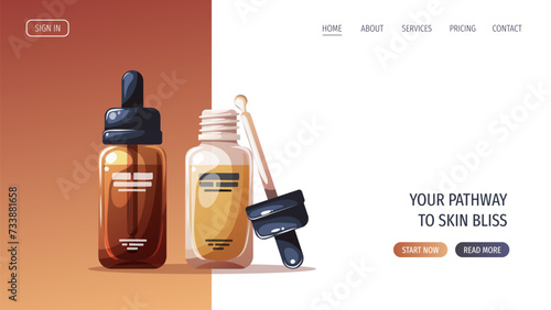 Web page design with bottles of serum. Beauty, skin care, cosmetics concept. Vector illustration for banner, website, poster.