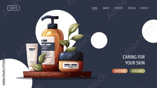 Web page design with set of creams and other cosmetics. Beauty, skin care, body care, cleansing concept. Vector illustration for banner, website, poster.