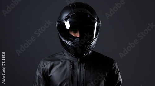 Rider with a black leather jacket and full-face helmet portrait. Generative ai