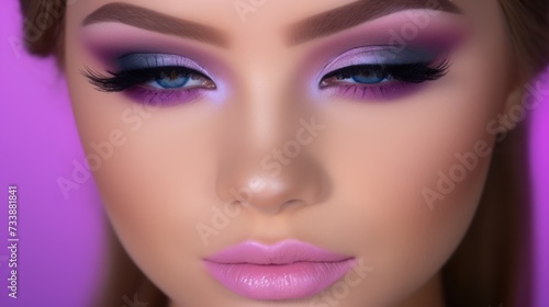 Female fashion model with pinkish purple makeup. Generative ai