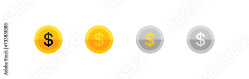 Dollar coin icons. Flat, yellow, gold dollar coins icons. Vector icons