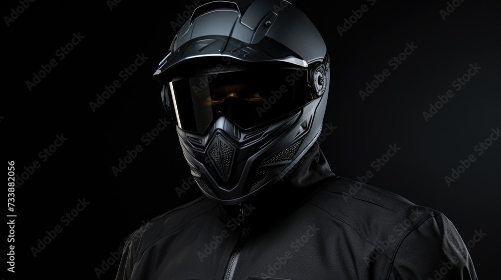 Motorcycle rider wearing a black leather jacket and full-face helmet in a dark background. Generative ai