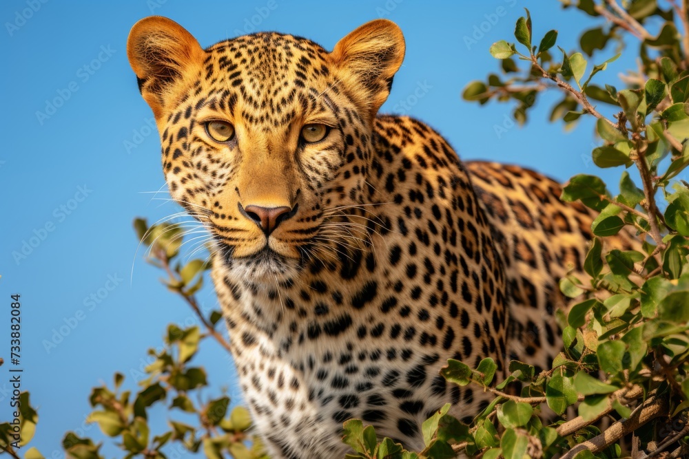 Naklejka premium Magnificent african leopard embarking on an exciting safari adventure amidst the lush savannah