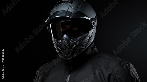Motorcycle rider wearing a black leather jacket and full-face helmet in a dark background. Generative ai