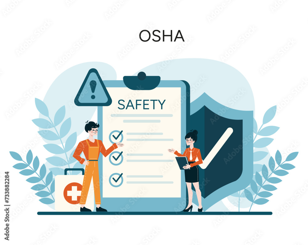 OSHA checklist illustration. Workers ensure safety compliance ...