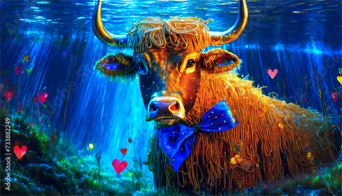 a bull with a bow, swimming in the sea, while diving, to a depth.