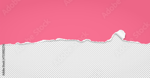 Torn, ripped pink paper strip with soft shadow is on white squared background for text. Vector illustration.