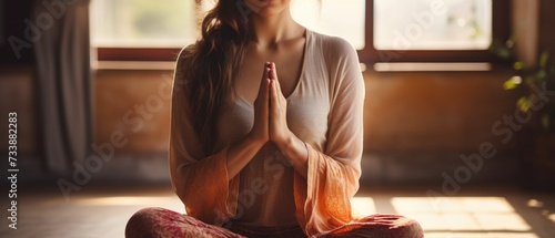 Woman practicing yoga, hands together in namaste mudra. Generative ai photo